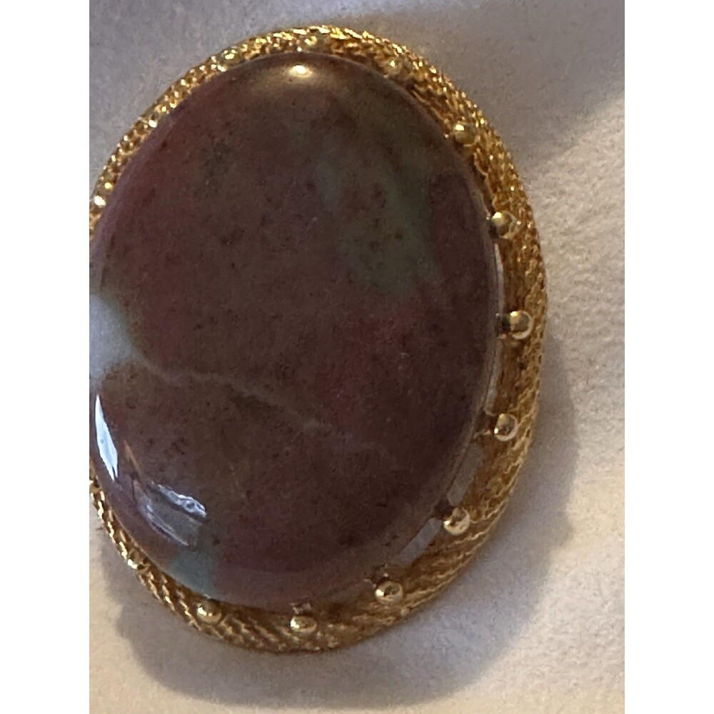 Vintage Jasper Stone Brooch Gold Tone Large Oval Cabochon Statement Pin - Picture 6 of 7